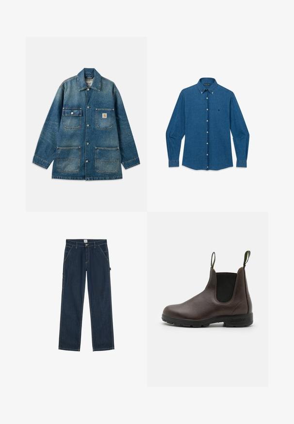 Veste en denim bleu moyen, dotée d'un col classique, de boutons-pression, de deux poches poitrine et de deux poches plaquées à l'avant. Texture usée visible.; Chemise en denim bleu à manches longues avec boutons, col pointu et petit logo brodé sur la poitrine gauche.; Pantalon en jean bleu foncé à jambes droites avec poches avant, passants pour ceinture et fermeture par bouton à la taille.; Bottine Chelsea en cuir marron avec des panneaux élastiques sur les côtés, des anses en haut et une semelle en caoutchouc durable, présentant une finition lisse.