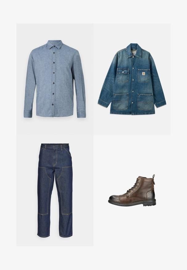 Denimjakke i mellemblå, med en spredekrave, trykknapper, to brystlommer og to forlommer. Slidt struktur er synlig.; Langærmet button-up skjorte i lyseblåt stof med tekstureret væv, med krave og seks mørkeblå knapper ned ad fronten.; Mørkeblå denim jeans med høj talje, lige ben-design, kontrastsyninger og lappelommer foran.; Brune læder ankelstøvle med rund tå, snørebånd fortil og et hævet træk ved hælen. Har en robust sål med mønster for godt fodfæste.