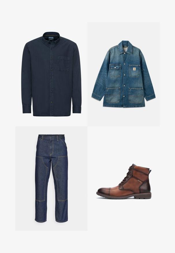Denimjakke i mellemblå, med en spredekrave, trykknapper, to brystlommer og to forlommer. Slidt struktur er synlig.; Mørkeblå skjorte med knapper lavet af bomuld. Har en standard krave, lange ærmer, en enkelt brystlomme og subtile syninger.; Mørkeblå denim jeans med høj talje, lige ben-design, kontrastsyninger og lappelommer foran.; Brune læder- og stof herreankelstøvle med snørebånd, syningsdetaljer, lav hæl og brandlogo på siden.