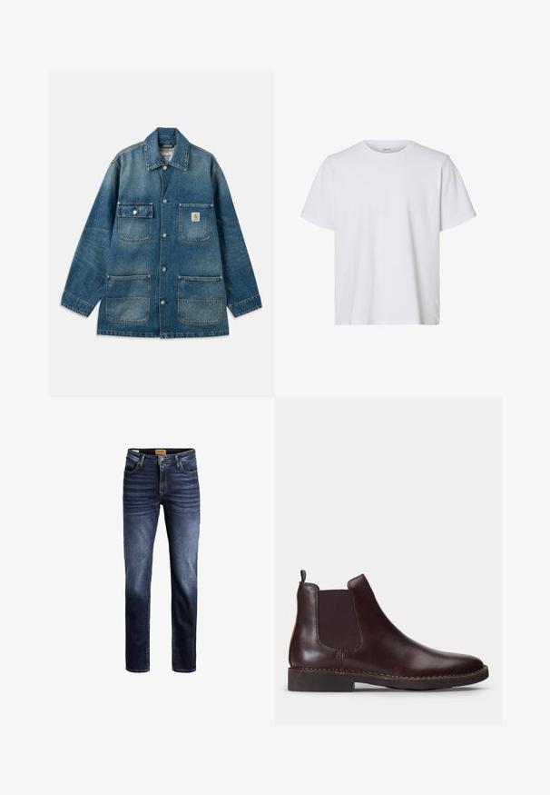 Denimjakke i mellemblå, med en spredekrave, trykknapper, to brystlommer og to forlommer. Slidt struktur er synlig.; Enkelt hvid kortærmet T-shirt med rund hals, almindelig pasform og glat stofstruktur, vist på en hvid baggrund.; Herre mørkeblå slim-fit jeans med falmet tekstur, forlommer, bæltestropper og knaplukning.; Mørkebrun læder Chelsea-støvle med elastisk sidepanel og lav hæl, vist i profil på en hvid baggrund.