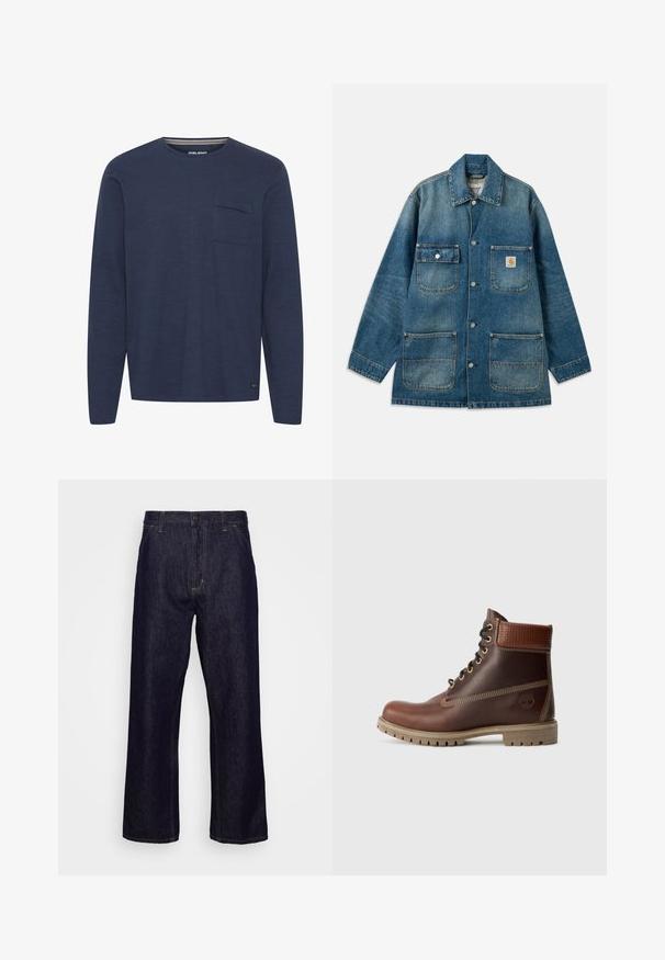 Denimjakke i mellemblå, med en spredekrave, trykknapper, to brystlommer og to forlommer. Slidt struktur er synlig.; Mørkeblå langærmet skjorte lavet af struktureret stof, med en brystlomme og en rund halsudskæring med en diskret stribet detalje indeni kraven.; Mørkeblå lige ben denim jeans med forlommer, bæltestropper, lynlås og knaplukning, præsenteret foran en simpel hvid baggrund.; Brun læder snørebånd ankelstøvle med polstret krave, kontrastsyning og robust sål, vist fra ydersiden på en hvid baggrund.