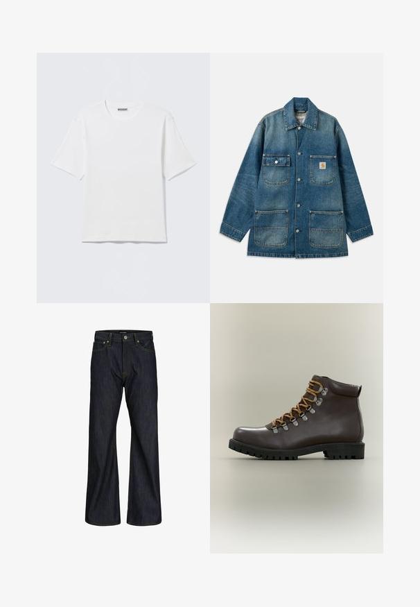 Denim jacket in medium blue, featuring a spread collar, snap closures, two chest pockets, and two front patch pockets. Distressed texture visible.; Plain white short-sleeve crew neck t-shirt with a small "WEEKDAY" label on the inside back collar, displayed on a flat surface.; Dark blue straight-leg jeans with five pockets, button closure, and visible orange stitching on the waistband and seams.; Dark brown leather hiking boot with tan laces, metal eyelets, padded ankle collar, and thick black lug sole.