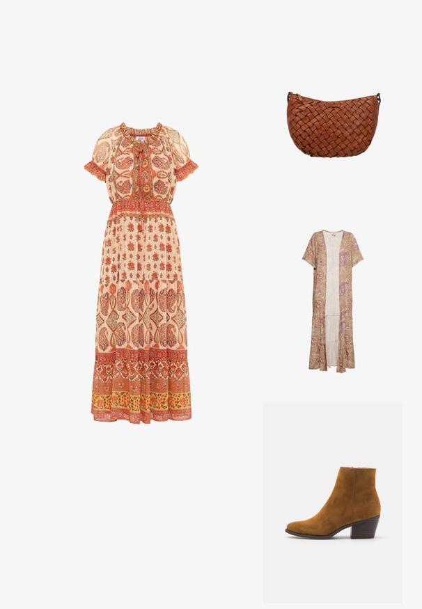 Dlhý, ľahký kimono svetlohnedej farby s paisley vzorom v ružovej a fialovej farbe. Má krátke rukávy a vrstvený lem.; Maxi šaty z ľahkej látky s kvetinovým motívom v červených a oranžových odtieňoch, so zberaným výstrihom, krátkymi rukávmi a vrstveným lemom.; Hnedá semišová členková obuv s špicatou špičkou a vrstveným opätkom. Hladký povrch s bočným zipsom na zapínanie. Klasický dizajn a tvar.; Hnedá kožená kabelka cez rameno s tkaným vzorom a zipsom na vrchu, zobrazená na bielom pozadí.
