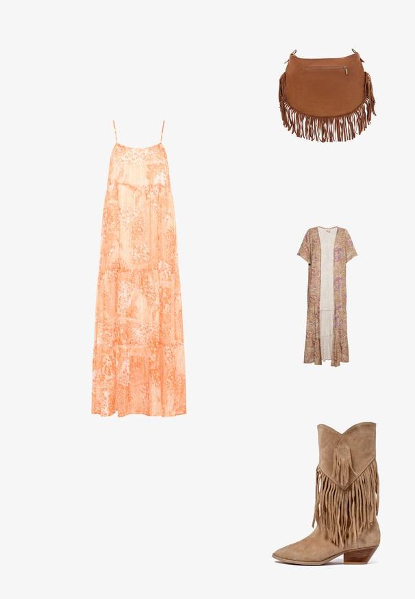 Dlhý, ľahký kimono svetlohnedej farby s paisley vzorom v ružovej a fialovej farbe. Má krátke rukávy a vrstvený lem.; Dlhé, poschodové šaty z ľahkej, polopriehľadnej oranžovej tkaniny s kvetinovými paisley vzormi. Obsahujú tenké, nastaviteľné ramienka a splývavý siluetu.; Hnedé suede cowboy čižmy s strapcovými akcentmi, špicatou špičkou a nízkym zvinutým opätkom. Obsahuje diamantový tvar nášivky na manžete.; Hnedá semišová kabelka s dlhými strapcami pozdĺž spodnej časti a strán a malou horizontálnou vreckovou zipsovou kapsou vpredu.