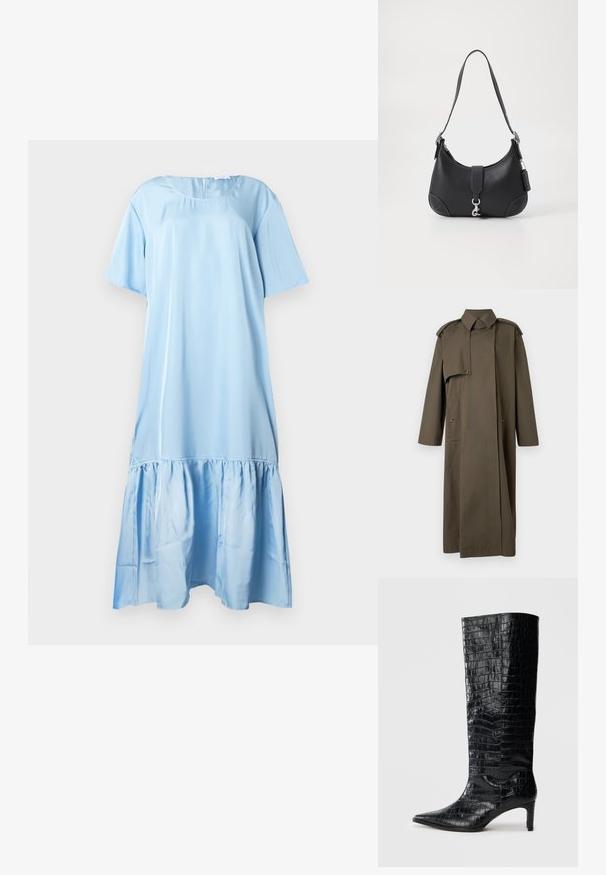 Manteau trench long vert olive en coton avec un col montant, des épaulettes, deux poches avant et une fermeture à boutons.; Robe bleu clair à manches courtes en tissu lisse. Elle présente un ourlet volanté et un col rond avec une fermeture au dos.; Bottes noires montantes, avec une texture brillante à motif crocodile, bout pointu et talon effilé. Matériau synthétique lisse.; Sac à main en cuir noir de forme courbe, avec une poignée supérieure, des éléments en métal argenté et des surpiqûres contrastantes. Il présente une sangle à l'avant et des détails de surpiqûres.