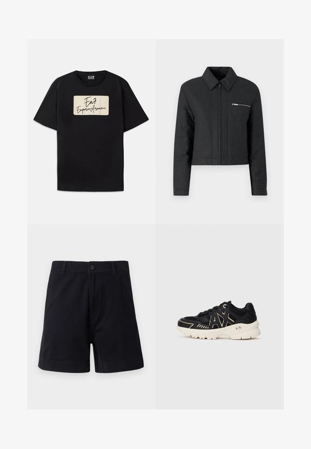 Chaqueta negra recortada hecha de tela texturizada, con un cuello puntiagudo, cierre frontal con cremallera y un pequeño bolsillo con cremallera en el lado izquierdo del pecho.; Camiseta negra de algodón con un logo rectangular de la marca en color crema con texto de estilo manuscrito. Mangas cortas y un corte estándar.; Pantalones cortos de algodón en azul marino oscuro con cierre de botón, bolsillos laterales y corte recto, con una textura suave y diseño sencillo.; Zapatilla deportiva negra con paneles de malla, superposiciones texturizadas, una suela blanca gruesa y acentos dorados en el lateral que presentan un logo "AX".