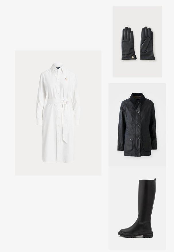 Manteau noir imperméable avec un col structuré, des boutons à pression à l'avant, deux grandes poches à rabat et une finition de tissu légèrement texturée.; Robe chemise blanche à manches longues avec col, ceinture à la taille et petit logo brodé sur la poitrine gauche.; Bottes noires en cuir montantes, à finition lisse, avec un bout arrondi, une semelle en caoutchouc basse et des détails de couture minimalistes.; Paire de gants en cuir noir avec détails de couture et petit bouton doré au poignet, présentée sur un fond clair uni.