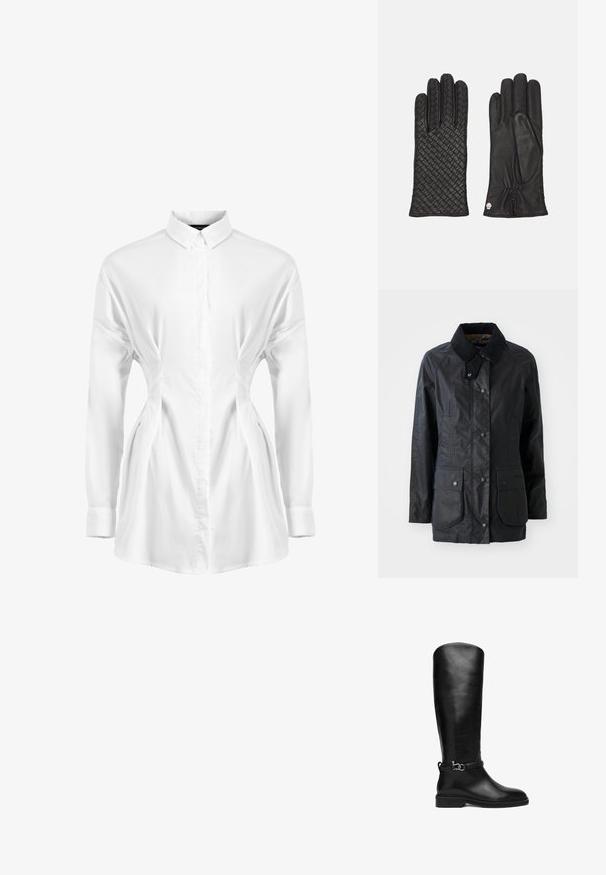 Manteau noir imperméable avec un col structuré, des boutons à pression à l'avant, deux grandes poches à rabat et une finition de tissu légèrement texturée.; Chemise blanche à manches longues en tissu lisse, avec une fermeture à boutons à l'avant, un col pointu et des détails froncés sur les côtés pour un effet épuré.; Botte en cuir noire jusqu'au genou avec un talon bas et une sangle décorative avec boucle en métal argenté autour de la cheville.; Roeckl FAENZA - Gants - black