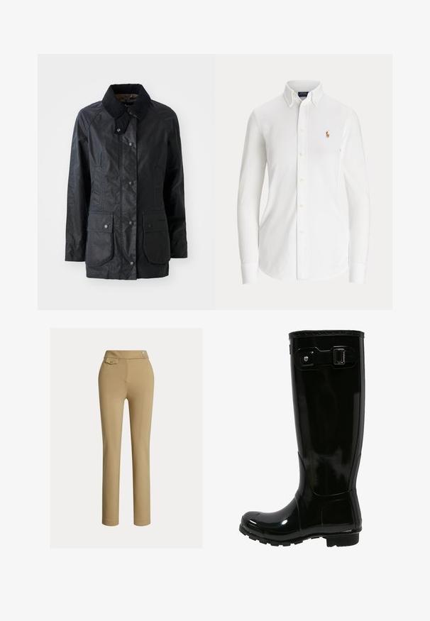 Manteau noir imperméable avec un col structuré, des boutons à pression à l'avant, deux grandes poches à rabat et une finition de tissu légèrement texturée.; Chemise blanche à manches longues avec boutons, col boutonné et petit logo brodé joueur de polo sur la poitrine.; Pantalons slim beige pour femmes avec taille haute, deux boutons sur le côté et une petite poche à rabat boutonnée près de la taille.; Botte de pluie en caoutchouc noir avec une finition brillante, design haut, accent de boucle sur le côté, semelle texturée pour l'adhérence et bout arrondi.