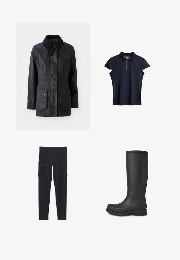 Zwarte waterdichte jas met een gestructureerde kraag, drukknoopsluiting aan de voorkant, twee grote opgestikte zakken en een licht gestructureerde stofafwerking.; Marineblauwe poloshirt met een kraag, korte capmouwen en mesh zijpanelen; heeft een knoopsluiting en contrasterende afwerkingen.; Aigle DRY FAST - Legging - black; Hoge zwarte rubberen laars met een gestructureerde afwerking, WODEN-logo op de zijkant en een versterkte zool met gesprenkelde accenten.