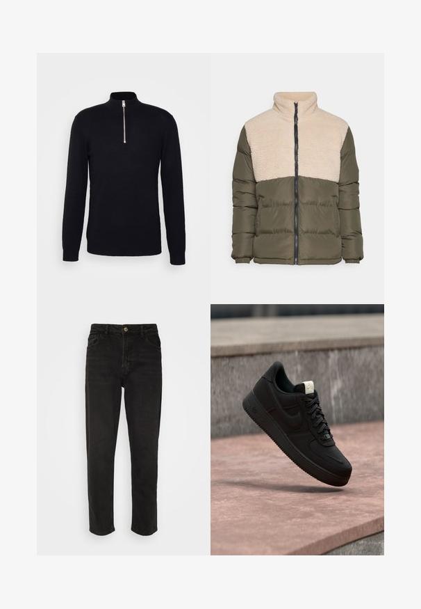 Night Addict NAABEYGR - Veste d'hiver - forrest green/cream; Only & Sons ONSWYLER LIFE REG 14 HALF ZIP KNIT NOOS - Pullover - black; Jeans en denim noir avec une coupe droite, taille haute, fermeture à bouton et quatrepoches. Dispose d'un design classique à cinq poches.; Baskets Nike Air Force 1 noires flottant au-dessus d’un rebord en béton rose avec un fond en pierre grise, montrant des détails latéraux et supérieurs.