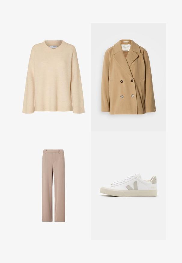 Manteau croisé de couleur brun clair, fabriqué en laine douce, avec de grands revers, deux poches à l'avant et des boutons contrastants.; Pull beige à manches longues avec col en V et col côtelé, en tissu tricoté doux, conçu pour les femmes.; Pantalon beige taille haute à jambes larges, avec passants de ceinture, plis devant et fermeture avant dissimulée.; Baskets blanches en cuir avec des accents gris en forme de V, semelle en caoutchouc texturé, lacets blancs, et languette et col rembourrés.