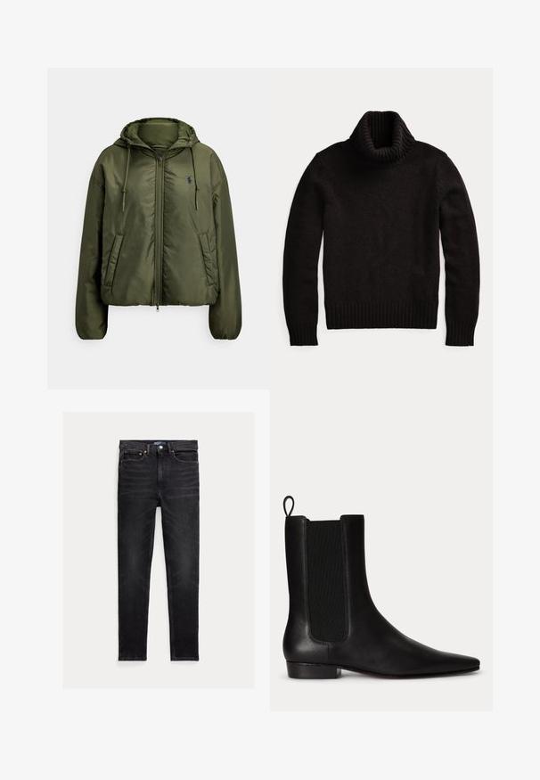 Groene, gewatteerde jas met capuchon, ritssluiting aan de voorkant, twee zijzakken en een klein logo op de borst. Soepele, glanzende stof met elastische manchetten.; Zwarte gebreide coltrui met lange mouwen en geribde boorden, kraag en zoom op een witte achtergrond.; Zwarte slim-fit jeans met vijf zakken, knoopsluiting en Polo merklabel op de tailleband, plat op een witte achtergrond gelegd.; Zwarte leren enkellaars met elastisch zijpaneel, trek lus aan de achterkant, lage hak en puntige neus.