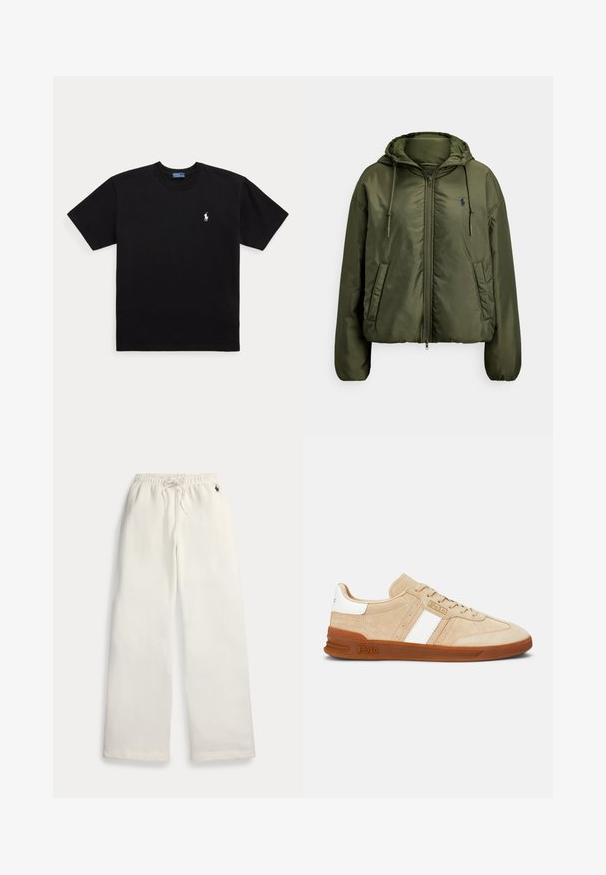 Groene, gewatteerde jas met capuchon, ritssluiting aan de voorkant, twee zijzakken en een klein logo op de borst. Soepele, glanzende stof met elastische manchetten.; Zwart T-shirt met korte mouwen en ronde hals met klein wit geborduurd Polo Ralph Lauren-logo op de linkerborst.; Witte wijde sweatpants met elastische tailleband, trekkoord, zijzakken en klein donkerblauw logo bij de rechtermouw.; Beige suède sneakers met witte strepen, rubberen zool en beige accenten. Voorzien van een gestructureerd bovenwerk en een logo aan de zijkant.