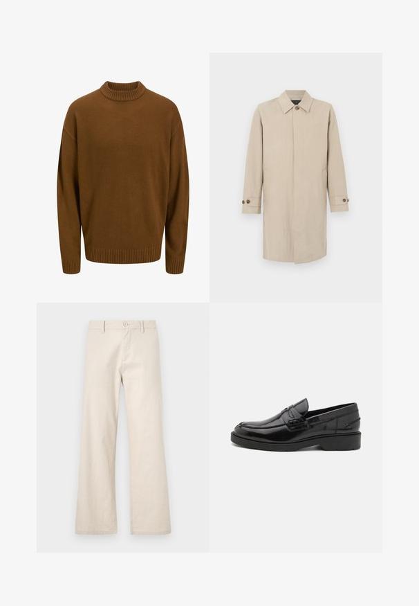 Beige lang trenchcoat med krave, enkeltknapslukning foran og manchetter med knapper, vist mod en ensfarvet baggrund.; Brun strikket sweater med ribbede kanter ved hals og ærmer, der har en afslappet pasform og struktureret stof. Enkelt design uden mønstre.; Beige vide bukser lavet af letvægtsstof, med knaplukning og forlommer, med en glat, ubehandlet overflade.; Sorte læder loafers med en glat finish, rund tå, lav hæl og dekorativ syning langs forsiden. Gummisål for godt greb.