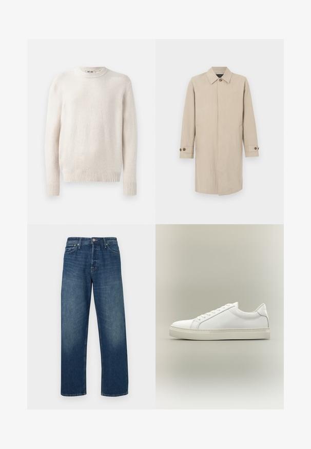 Gabardina larga beige con cuello, cierre frontal de un solo botón y puños con botones, mostrada sobre un fondo liso.; Suéter de color beige claro con cuello redondo y puños acanalados. Tejido suave y texturizado con mangas largas y un dobladillo recto. Diseño minimalista.; Jeans de mezclilla azul oscuro con diseño de pierna recta, con cierre clásico de botones y estilo de cinco bolsillos. Sutil desgaste en la parte frontal.; Zapatilla blanca de perfil bajo con cordones en la parte delantera y suela gruesa, mostrada de lado sobre un fondo neutro.