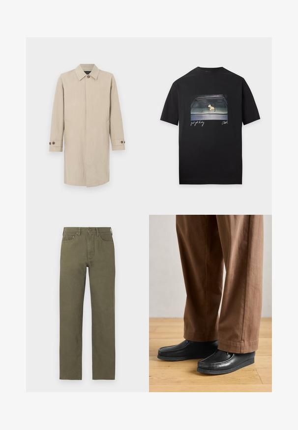 Beige lang trenchcoat med krave, enkeltknapslukning foran og manchetter med knapper, vist mod en ensfarvet baggrund.; Sort t-shirt med et foto af et bilinstrumentbræt med en lille hundefigur og håndskrevet tekst med teksten "Just get lucky" og "Clawed."; Oliven grønne bukser med lige ben, foran knap, lynlås, bæltestropper og fem-lomme design.; Sorte lædersko med mokkasin-design og syningdetaljer, parret med brune bukser, på et trægulv.