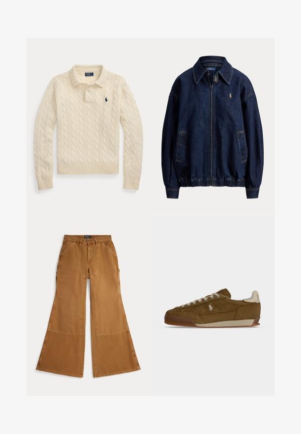 Mørkeblå denim lynlåsskjortejakke med krave, to forlommer, elastisk kant og lille broderet logo på brystet.; Creme farvet kabelstrikket polo sweater med lange ærmer, ribstrikkede manchetter og kant, med en mørkeblå broderet logo på brystet.; Brune viddebukser lavet af bomuld med lapdetaljer, knaplukning og skrå lommer foran. Glat tekstur, afslappet design.; Brun ruskind sneaker med cremefarvede snørebånd, tyk sål og et lille hvidt broderet logo på siden.