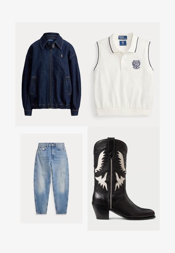 Veste en denim bleu foncé à fermeture éclair avec col, deux poches avant, ourlet élastique et petit logo brodé sur la poitrine.; Polo blanc sans manches avec bordure bleu marine sur le col et les emmanchures, écusson brodé de Wimbledon sur la poitrine et étiquette Polo Ralph Lauren à l'intérieur du col.; Jean denim bleu clair taille haute avec légère décoloration et usure près des poches avant, style cinq poches et jambes fuselées.; Bottes de cowboy en cuir noir avec des accents angulaires blancs, présentant une broderie décorative, un bout pointu et un petit talon empilé.