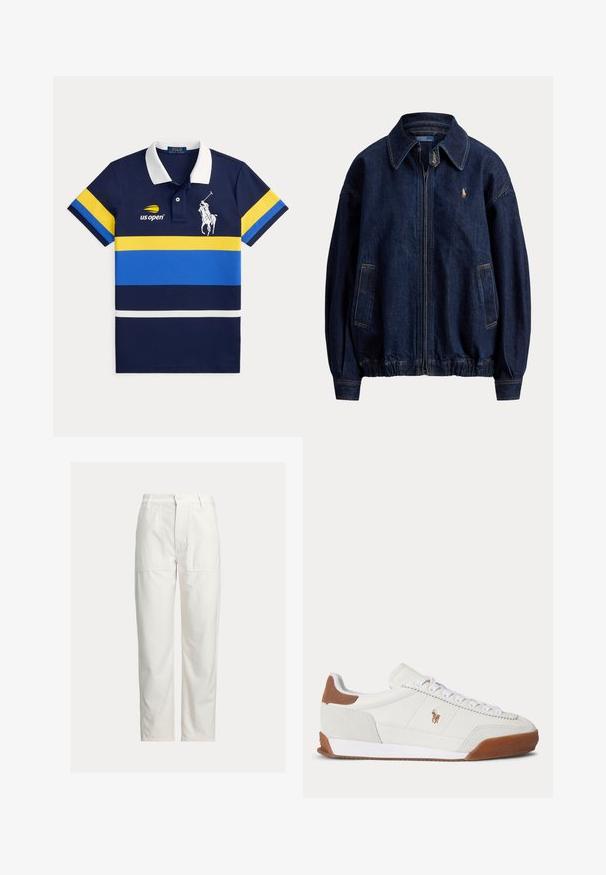Veste en denim bleu foncé à fermeture éclair avec col, deux poches avant, ourlet élastique et petit logo brodé sur la poitrine.; Polo bleu marine avec col blanc, rayures horizontales jaunes et bleues, logo US Open sur la poitrine gauche, et un grand emblème blanc de joueur de polo.; Pantalon blanc droit avec grandes poches plaquées devant, passants de ceinture et fermeture par bouton à la taille.; Baskets basses blanches avec des accents en daim marron au talon et à l’orteil, des lacets blancs et un petit logo brodé marron sur le côté.