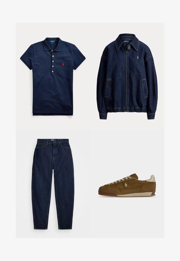Mørkeblå denim lynlåsskjortejakke med krave, to forlommer, elastisk kant og lille broderet logo på brystet.; Marineblå kortærmet polo med fire hvide knapper og rødt broderet logo på brystet, kraven lagt ned.; Mørkeblå denim jeans med lige pasform, der har orange syninger, en forreste knaplukning og fem lommer.; Brun ruskind sneaker med cremefarvede snørebånd, tyk sål og et lille hvidt broderet logo på siden.