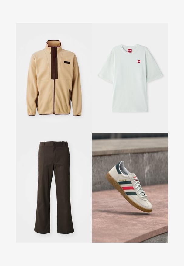 Beige fleecejack met een hoge kraag, ritssluiting aan de voorkant, bruine accenten, twee zijzakken en een klein logo label op de borst.; Lichtgroene T-shirt met korte mouwen van zachte katoen, voorzien van een klein rood logo label op de linker borst. Ontspannen pasvorm en ronde halslijn.; Bruine, uitlopende broek met een soepele textuur, voorzien van een sluiting met een voorknop en zijzakken. Eenvoudig en recht ontwerp.; Witte Adidas sneaker met groene en rode strepen, rubberen zool en "SPEZIAL" branding die boven een stenen bestrating zweeft.