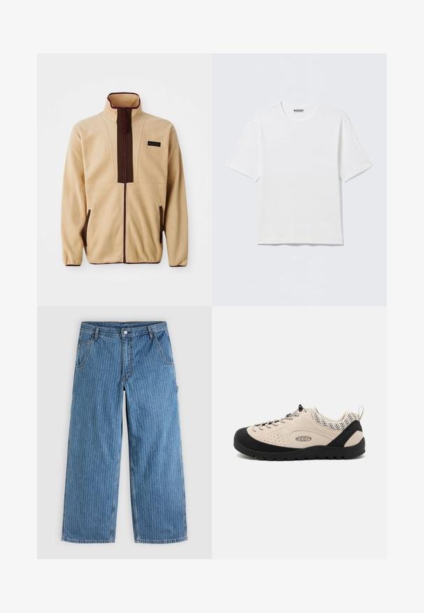Beige fleecejack met een hoge kraag, ritssluiting aan de voorkant, bruine accenten, twee zijzakken en een klein logo label op de borst.; Effen witte T-shirt met korte mouwen en ronde hals, met een klein "WEEKDAY" label aan de binnenkant van de achterkraag, weergegeven op een vlakke ondergrond.; Blauwe jeans met wijde pijpen en dunne witte verticale spijkerstreepjes, voorzakken, riemlussen en een knoopsluiting in de taille.; Beige suède schoen met zwarte rubberen neuzen en zool, voorzien van een vetersluiting en ademende mesh accenten op de hiel.