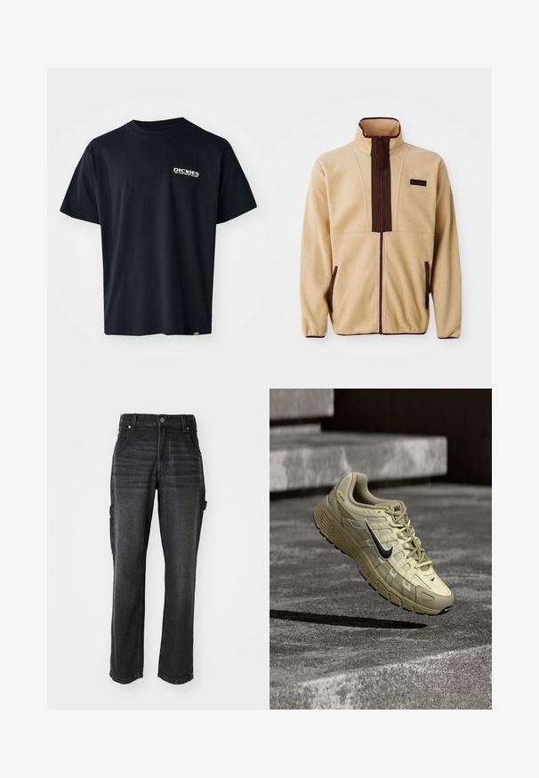 Chaqueta de forro polar beige con un collar alto, cierre frontal con cremallera, acentos marrones, dos bolsillos laterales y una pequeña etiqueta de logo en el pecho.; Camiseta negra de manga corta hecha de algodón, con un logo gráfico de texto blanco en el lado izquierdo del pecho, corte recto y una etiqueta en el lateral.; Pantalones cargo de mezclilla negra con piernas rectas, que cuentan con bolsillos laterales, cierre de botón metálico y costuras en tono. Tejido texturizado.; Zapatilla de correr Nike beige con el logo negro en el aire sobre escalones de hormigón, mostrando la suela texturizada y la parte superior de tela de malla.