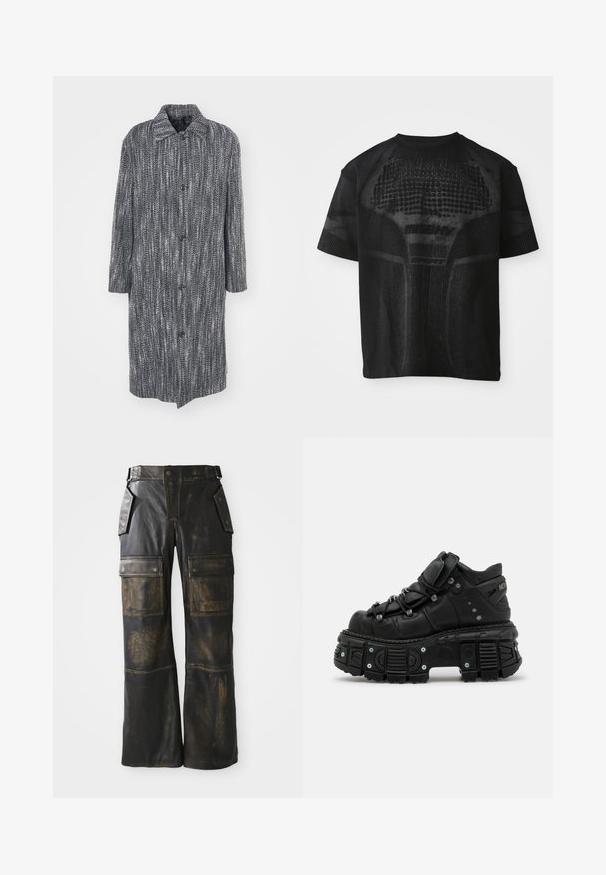 Lang, løstsiddende frakke med en herringbone-mønster i sort og hvid, med krave og seks frontknapper.; Sort sport T-shirt med korte ærmer og struktureret mønster samt diskret "MISBHV SPORT" tekst på fronten.; Sorte læder cargo bukser med en slidt tekstur, der har store sidelommer, høj talje og kontrasterende syninger langs sømmene.; Sorte læder høj-top sneakers med en tykk gummisål, snørebåndsdesign, polstret krave og metal accenter. Har en mønstret sål for godt greb.