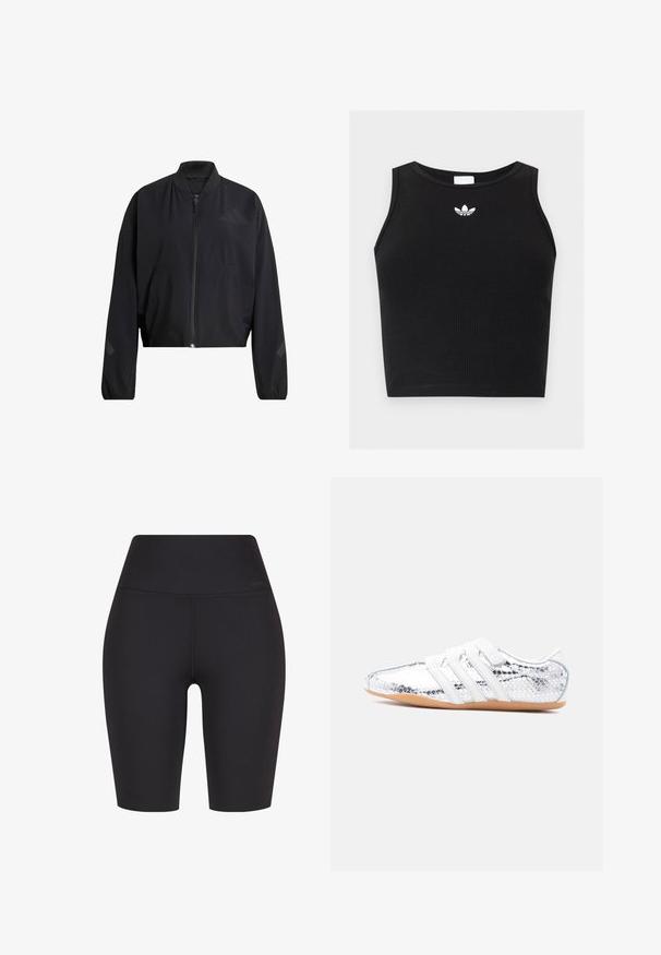 Must nahast lühike jakk lukuga, soonikkoelise krae ja siledapinnaline. Omaduseks on peened logodetailid ja laiad varrukad.; Mustast soonikangast varrukateta lühike top ümar kaelusega ja väikese valge Adidas trefoil logoga kaeluse lähedal keskel.; Kõrge vöökohaga mustad jalgrattapüksid, mis on valmistatud venivast kangast, omavad õmblusteta disaini ja diskreetset brändimist vöökohal.; Madalprofiilne hõbedane toss hallide takjapaelade ja tekstuurse soomusmustriga, beež tald, külgvaates valgel taustal.