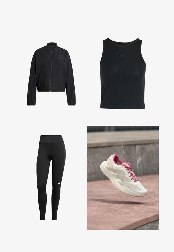 Veste noire courte avec fermeture éclair, col côtelé et texture lisse. Présente des accents de logo discrets et des manches larges.; Top court noir côtelé sans manches avec un col rond haut et un petit logo Adidas noir centré sur la poitrine.; Leggings de sport noirs avec une taille haute, fabriqués en tissu extensible ; dotés d'une poche latérale et d'un petit logo blanc près de l'ourlet.; Chaussure de course beige clair et rose avec semelle coussinée, lacets roses et trois rayures beiges flottant au-dessus d'une surface en pierre.