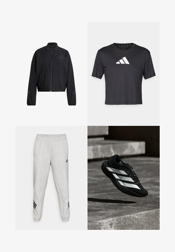 Must nahast lühike jakk lukuga, soonikkoelise krae ja siledapinnaline. Omaduseks on peened logodetailid ja laiad varrukad.; Mustade lühikeste varrukatega crop t-särk sileda kangaga, millel on rindkerel valge Adidas'i logo, ümmargune kaelus.; Heledad hallid spordipüksid ribatud paeltega, kitsenevad sääred ja kolm musta diagonaalset triipu pahkluude lähedal. Sile tekstuur.; Must jooksumari kolme valge triibuga, õhus betoonastmete kohal, all varju visates.