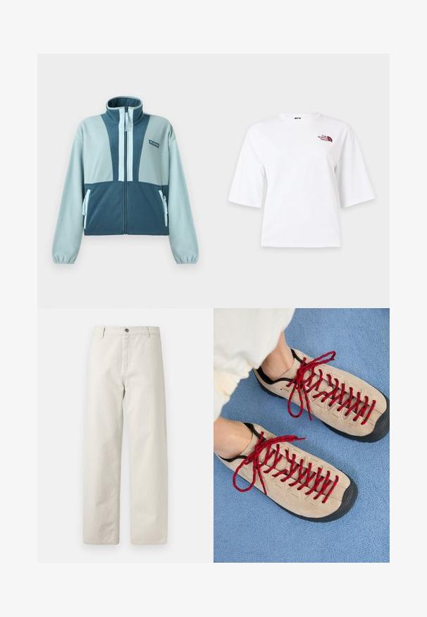 Veste en polaire bleu clair et turquoise avec fermeture éclair intégrale, col montant, deux poches avant zippées et logo Columbia sur la poitrine.; T-shirt blanc à manches courtes, col rond, avec un petit logo "The North Face" bordeaux sur la partie supérieure gauche de la poitrine.; Pantalon beige à jambes larges avec fines rayures verticales discrètes, passants de ceinture, fermeture par bouton et poches avant.; Des chaussures beiges avec des lacets rouges, posées sur une surface bleue texturée, révèlent partiellement la cheville d'une personne. Les chaussures ont un design sportif.