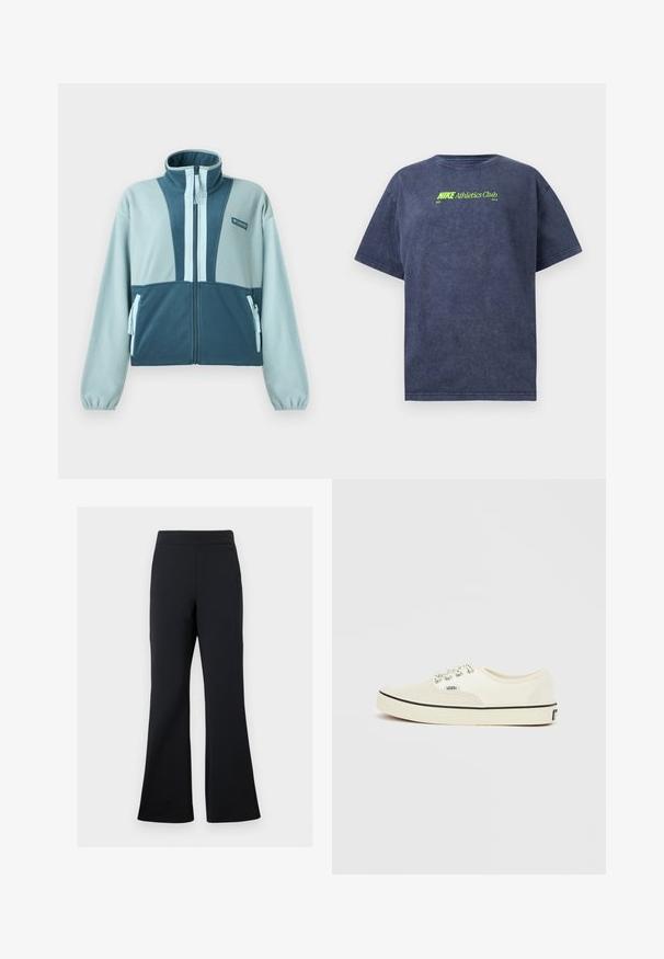 Lyseblå og blågrøn fleecejakke med fuld lynlås, høj krave, to lynlåslommer foran og Columbia-logo på brystet.; Marineblå T-shirt med korte ærmer og neongrøn "Nike Athletics Club Est. 1972" tekst centreret på brystet.; Sorte flared bukser lavet af blødt stof med elastisk talje og en diskret sidelomme, der har en glat tekstur og minimalistisk design.; Off-white lavsko Vans-sneaker med sortkantet sål, hvide- og sortmønstrede snørebånd samt Vans-logo på siden og hælen.