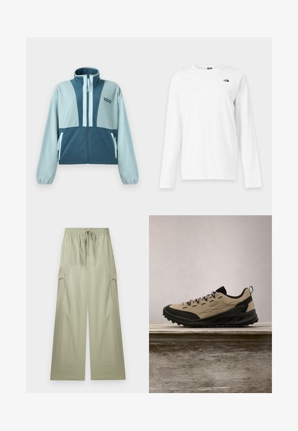 Lichtblauw en groenblauw fleecejack met volledige ritssluiting, hoge kraag, twee met rits gesloten voorzakken en Columbia-logo op de borst.; Wit shirt met lange mouwen en ronde hals met klein zwart The North Face-logo op de linkerborst.; Lichtgroene cargo-broek met wijde pijpen, elastische tailleband en trekkoord, met zijflappzakken en een ontspannen pasvorm.; Beige en zwarte lage wandelschoen met een robuuste zool, roze veters en een trekband aan de hiel, ontworpen voor buitengebruik.
