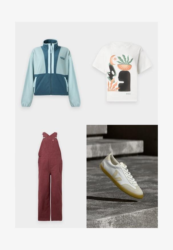 Lyseblå og blågrøn fleecejakke med fuld lynlås, høj krave, to lynlåslommer foran og Columbia-logo på brystet.; Hvid t-shirt med abstrakt kunst af en sort silhuet af et hoved, en grøn plante i en orange skål på hovedet, orange og grønne former, samt "RVCA" logo.; Vinsmænds overalls lavet af bomuld, med krydsede rygstropper, forlommer og metalhardware-accenter. Glat tekstur og afslappet pasform.; Hvide lærreds-sneakers med beige detaljer, rund tå, tekstureret gummisål og karakteristisk V-logo på siden, ophængt over en betongulv.