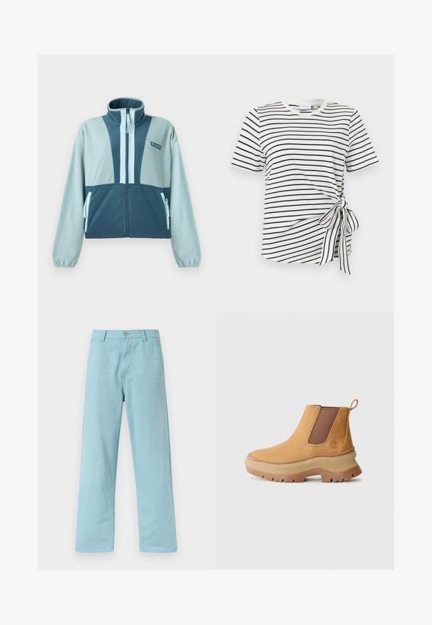 Hellblaues und türkises Fleece-Jacke mit durchgehendem Reißverschluss, hohem Kragen, zwei vorderen Reißverschlusstaschen und Columbia-Logo auf der Brust.; Weißes Kurzarmhemd mit schwarzen horizontalen Streifen und einer an der rechten Seite in der Nähe der Taille gebundenen Schleife.; Hellblaue, gerade geschnittene Hose mit Gürtelschlaufen, vorderer Knopfleiste, Reißverschluss und seitlichen Taschen, präsentiert vor einfarbigem Hintergrund.; Braunes Lederknöchelboot mit elastischen Seitenpanelen, rundem Zehenbereich und dicker Gummisohle mit tiefem Profil; verfügt über eine Zuglasche an der Ferse.