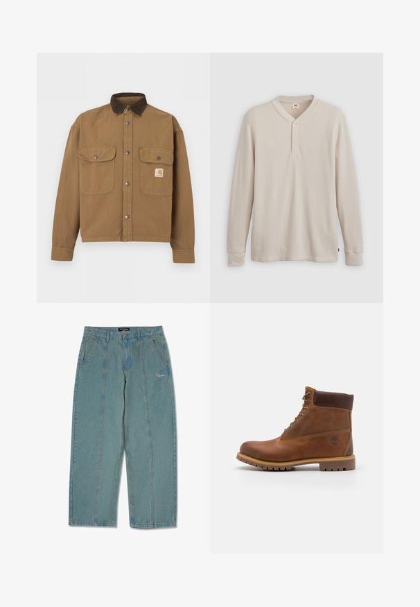 Hnedá pracovná bunda s tmavo hnedým kordurovým golierom, kovovými cvokmi, dvoma prednými vreckami s klopou a logom Carhartt na ľavom vrecku.; Pánska dlhá rukávová hennley košeľa z ľahkej béžovej rebrovanej látky, s výstrihom do V, troj.gombíkovou légou a manžetami. Červená logo nášivka na leme.; Svetlo modré, nedotknuté džínsy s rovným strihom, obsahujúce predné vrecká a jemne vyšité logo blízko pásu.; Hnedé kožené turistické topánky s hladkým povrchom, polstrovaným členkom, kovovými okami a gumovou podrážkou s drsným vzorom.