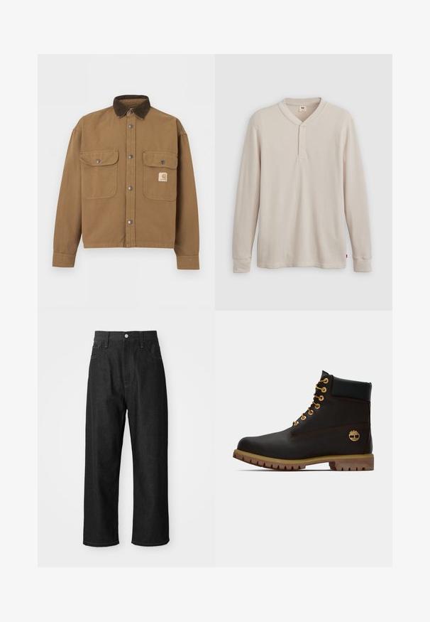 Brun arbejdsjakke med mørkebrunt fløjlskrave, metal trykknapper, to forlommer med klap og Carhartt-logo på venstre lomme.; Langærmet henley-skjorte i lys beige ribbet stof, med V-hals, tre-knap placket og manchetter ved ærmerne. Rød logo-tags ved kanten.; Sorte denimbukser med afslappet fit, høj talje, lynlåslukning og fem-lomme design. Synlig syning som accentuerer bukserne.; Sorte læder ankelstøvle med gyldne øjer, brune detaljer og gummisål. Har en polstret krave og præget logo på siden.