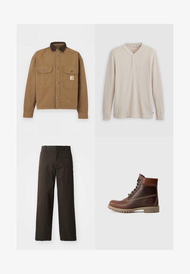 Hnedá pracovná bunda s tmavo hnedým kordurovým golierom, kovovými cvokmi, dvoma prednými vreckami s klopou a logom Carhartt na ľavom vrecku.; Pánska dlhá rukávová hennley košeľa z ľahkej béžovej rebrovanej látky, s výstrihom do V, troj.gombíkovou légou a manžetami. Červená logo nášivka na leme.; Čierne bavlnené nohavice s rovnými nohavicami, so zapínaním na gombík a klasickým pásom. Hladká štruktúra, bez vzorov alebo detailov.; Hnedé kožené čipkovacie členkové topánky s polstrovaným golierom, kontrastným prešívaním a robustnou podrážkou, zobrazené z vonkajšej strany na bielom pozadí.