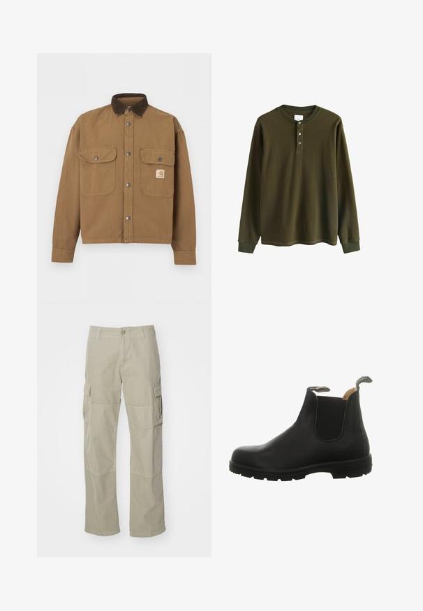 Bruine werkjas met een donkerbruine corduroy kraag, metalen drukknoopsluitingen, twee klepzakken aan de voorkant en het Carhartt-logo op de linkerzak.; Olijfgroene langemouwen wafelgebreide henleyshirt met geribbelde manchetten en drie knopen bij de kraag.; Licht khaki cargopc broek van katoen, met brede pijpen, twee zijzakken en een knoopsluiting bij de taille. Glad oppervlak.; Zwarte leren Chelsea boot met elastische zijpanelen, een ronde neus en een robuuste rubberen zool met een hiel-lus voor gemakkelijk aan- en uittrekken.