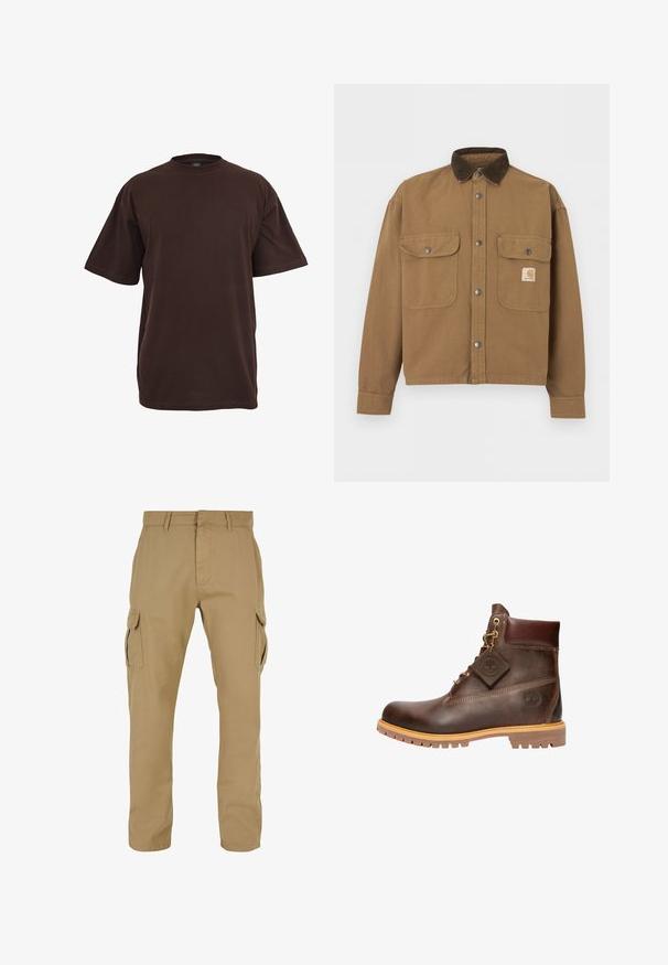 Bruine werkjas met een donkerbruine corduroy kraag, metalen drukknoopsluitingen, twee klepzakken aan de voorkant en het Carhartt-logo op de linkerzak.; Bruine katoen t-shirt met korte mouwen, ronde hals en een relaxte pasvorm. Glad textuur zonder zichtbare patronen of accenten.; Beige cargobroek met twee zijzakken, rechte pijpdesign, gemaakt van duurzaam materiaal, met stikseldetails en riemlussen.; Bruine leren enkelboot met een ronde neus, stevige zool, hardware in goudkleur en een gestructureerde bovenkant. Inclusief een merklabel dat is bevestigd.