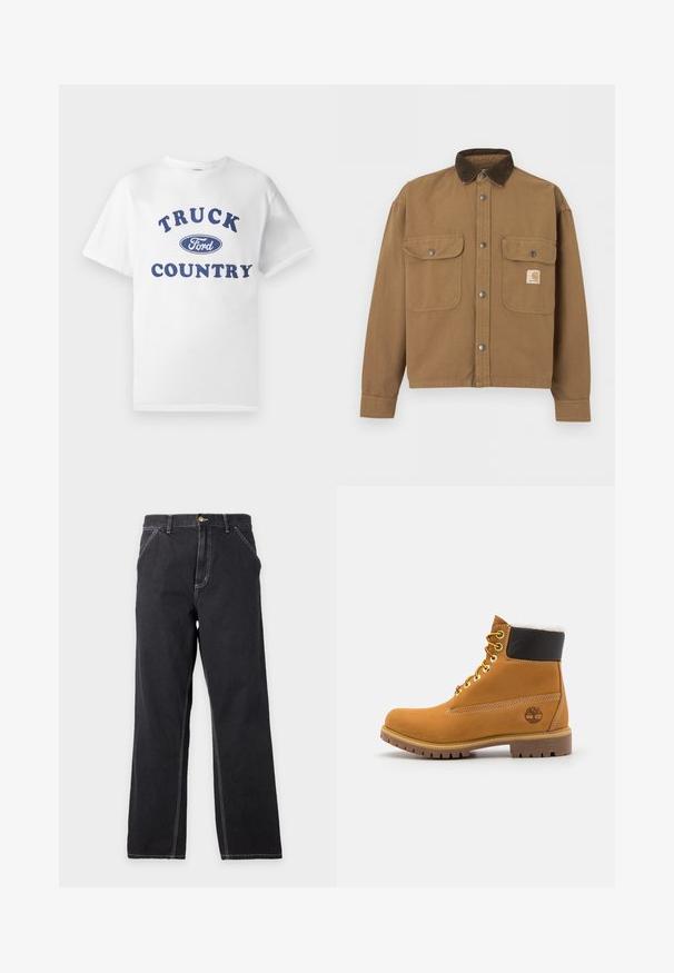 Hnedá pracovná bunda s tmavo hnedým kordurovým golierom, kovovými cvokmi, dvoma prednými vreckami s klopou a logom Carhartt na ľavom vrecku.; Biele bavlnené tričko s modrým potlačeným nápisom "TRUCK COUNTRY" a modrým oválnym logom "Ford" v strede. Krátke rukávy a okrúhly výstrih.; Čierne rifle s rovnými nohavicami, prednými vreckami, pútkami na opasok a viditeľným bielym prešitím na jednoduchom svetlosivom pozadí.; Hnedé kožené ankle boot s kovovými očkami, bielym kožúškom vo vnútri, čiernym vypolstrovaným golierom, robustnou podrážkou a vyrazeným logom na boku.