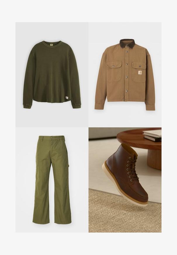 Hnedá pracovná bunda s tmavo hnedým kordurovým golierom, kovovými cvokmi, dvoma prednými vreckami s klopou a logom Carhartt na ľavom vrecku.; Olivovo zelený sveter s dlhým rukávom vyrobený z textúrovaného, ribbed materiálu s okrúhlym výstrihom, voľným strihom a malou značkovou nálepkou na dolnom leme.; Olivové široké nohavice vyrobené z odolnej tkaniny, so zapínaním na gombík, bočnými vreckami a rovným lemom.; Hnedé kožené členkové čižmy s béžovou podrážkou na textúrovanom béžovom koberci vedľa okrúhleho dreveného stola so stohom kníh.