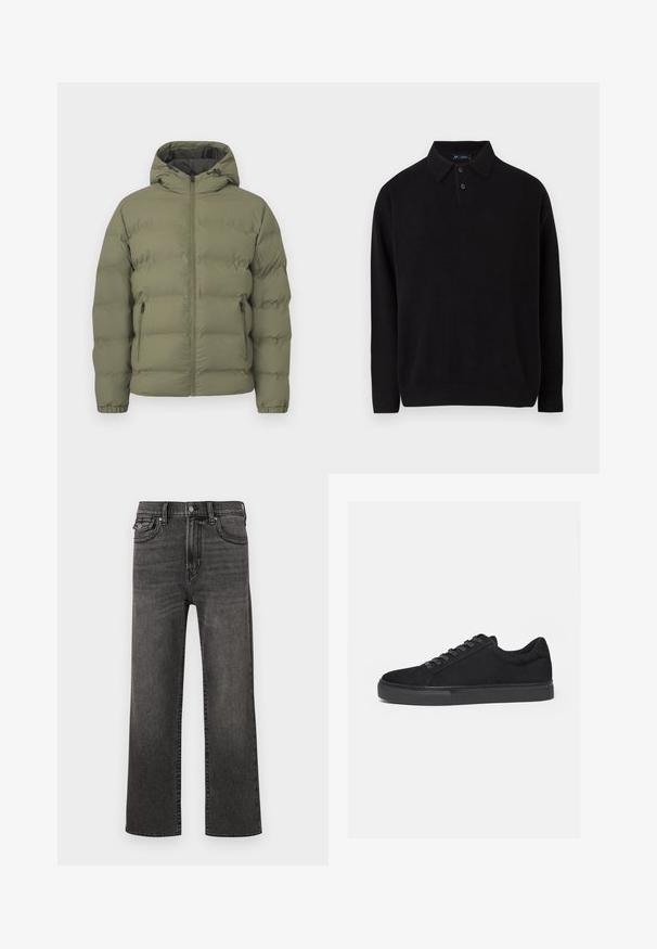 Olivengrøn dunjakke med hætte, fuld lynlås foran og lynlåslommer i siden, vist mod en ensfarvet lys baggrund.; Sort pullover sweater med kravehals, tre knapper foran, ribbede manchetter og afslutning, lavet af et blødt strikket materiale.; Sorte jeans med lige ben og falmede detaljer, med front- og møntlommer, knap- og lynlås-lukning, præsenteret på en hvid baggrund.; Sort lavtop sneaker med snørelukning foran og flad gummisål, vist fra siden på en hvid baggrund.