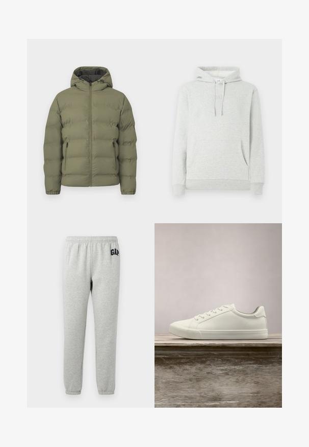 Doudoune vert olive avec capuche, fermeture éclair intégrale à l'avant et poches latérales zippées, présentée sur un fond clair uni.; Sweat à capuche gris clair avec cordon de serrage, poche avant, manches et ourlet côtelés, avec un logo subtil embossé sur la poitrine.; Pantalons de survêtement gris avec une taille élastique, des chevilles resserrées et un logo "GAP" bleu marine sur la cuisse supérieure gauche. Tissu doux en mélange de coton.; Sneaker en dentelle blanche flottant au-dessus d'un banc en bois avec un feuillage vert en arrière-plan, mettant en valeur le design et la texture de la chaussure.
