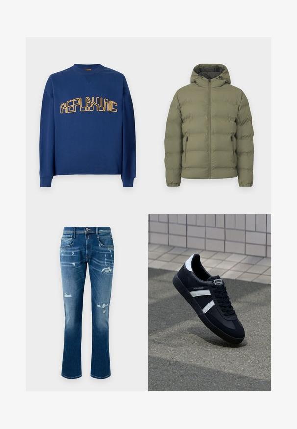 Olivgrüne Steppjacke mit Kapuze, durchgehendem Frontreißverschluss und seitlichen Reißverschlusstaschen, gezeigt vor einem einfarbigen hellen Hintergrund.; Navyblauer Rundhalsausschnitt-Pullover mit langen Ärmeln und gelbem, stilisiertem "REPLAYINC"-Text auf der Brust.; Blaue Jeans aus Denim mit geradem Bein, abgeriebenen Details, fransigen Patches und klassischem Fünf-Taschen-Design.; Schwarze Leder-Sneaker mit weißen Streifen, strukturiertem Gummisohle und Schnürung. Verfügt über ein Markenetikett auf der Zunge.