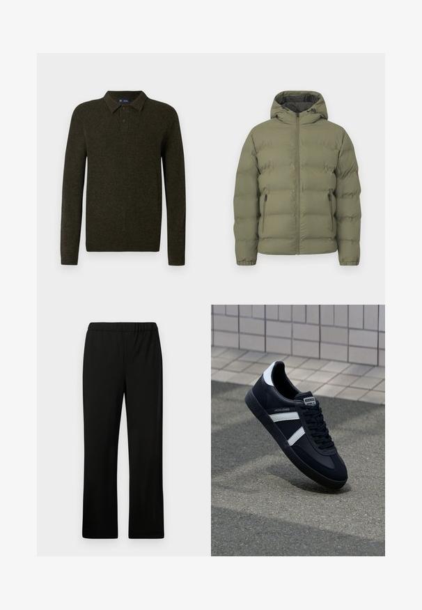 Doudoune vert olive avec capuche, fermeture éclair intégrale à l'avant et poches latérales zippées, présentée sur un fond clair uni.; Polo en maille verte à manches longues avec une finition texturée, patte de boutonnage à deux boutons et poignets côtelés. Design simple et classique adapté à une tenue décontractée.; Pantalon noir à taille élastique avec une coupe droite. Réalisé en tissu lisse, sans motifs ni embellissements visibles.; Sneaker en cuir noir avec des rayures blanches, semelle en caoutchouc texturée et devant à lacets. Présente une étiquette de marque sur la languette.