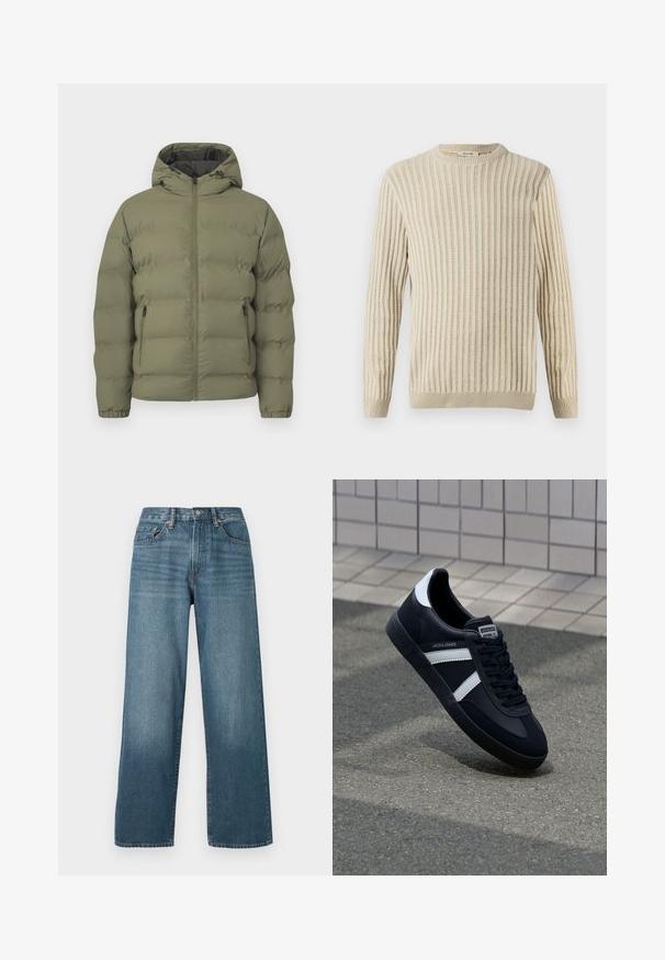 Olivengrøn dunjakke med hætte, fuld lynlås foran og lynlåslommer i siden, vist mod en ensfarvet lys baggrund.; Only & Sons ONSBRANT CREW KNIT - T-shirts print - beige; Bredde ben mørkeblå denim jeans med knaplukning, bæltestropper og en falmet struktur. Har fem lommer og kontrastsyninger.; Sort lædersneaker med hvide striber, tekstureret gummisål og snørrebånd foran. Har et brandet mærke på tungen.