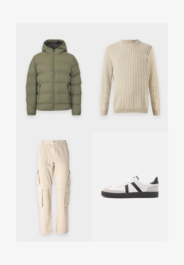 Olive green puffer jacket with hood, full front zipper, and zippered side pockets, shown against a plain light background.; Only & Sons ONSBRANT CREW KNIT - Print T-shirt - beige; Beige cargo pants made of cotton. Features side pockets, straight leg design, and a button closure at the waistband. Simple stitching details.; White sneaker with black and gray accents, featuring a textured gray toe cap, black rubber sole, and flat white laces. Clean design, minimalist style.